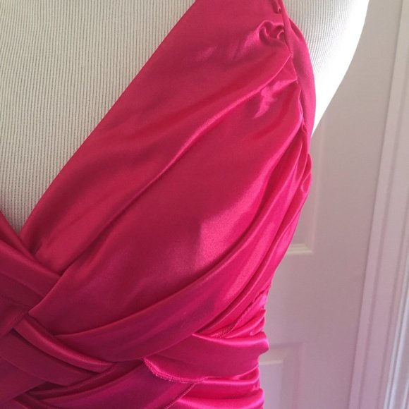 Fuchsia Pink Halter Satin Prom Dress - Picture 3 of 13